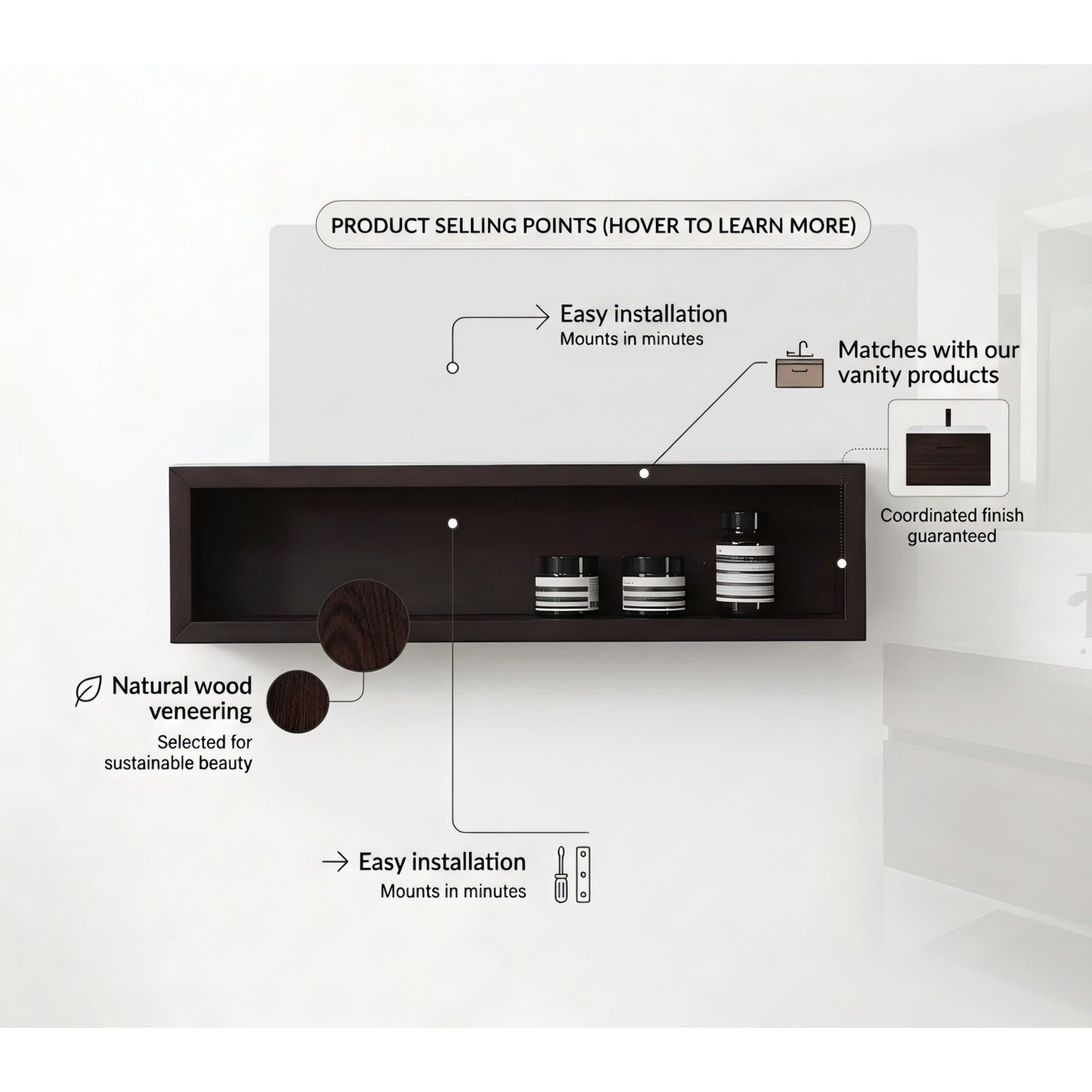 Wall Mounted Bathroom Shelves, Dark Walnut