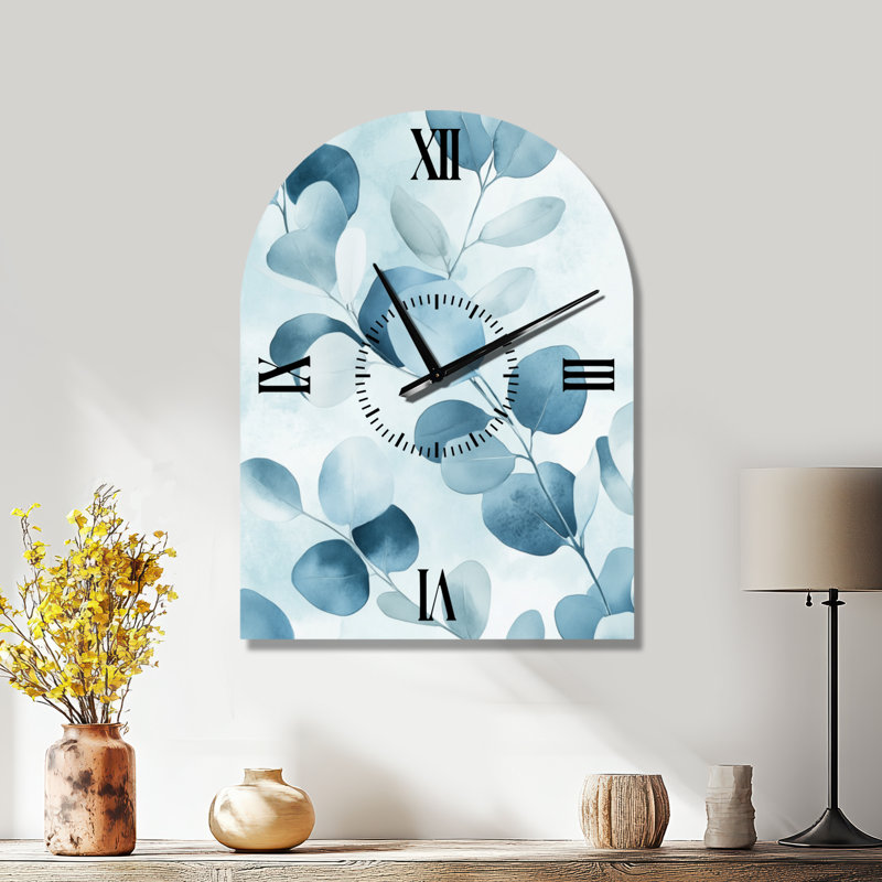 Horloge murale scandinave en métal arqué vert, imprimée sur métal, motif botanique bleu pâle I - Vert