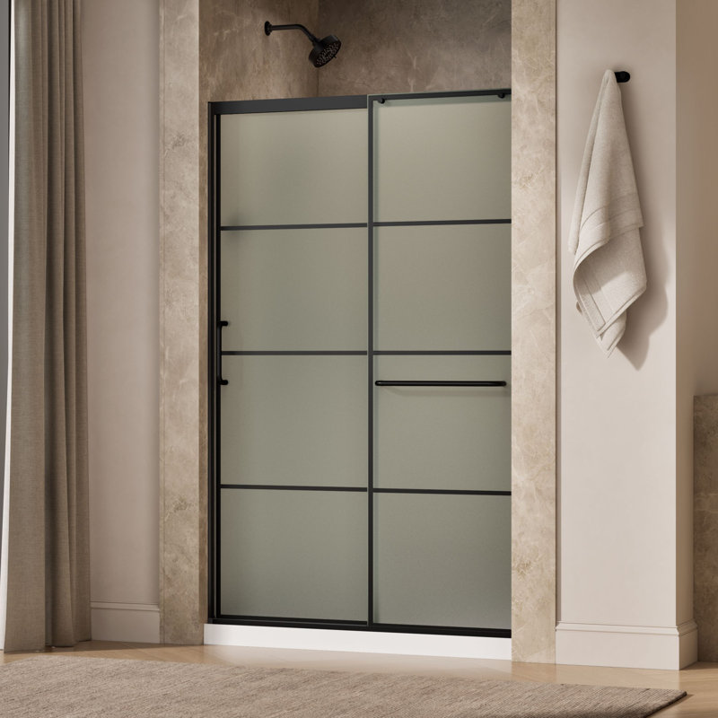Elate Tall Sliding Shower Door, 75-1/2-In H X 44-1/4 - 47-5/8-In W, With Heavy 5/16-In Thick Frosted Glass With Rectangular Grille Pattern