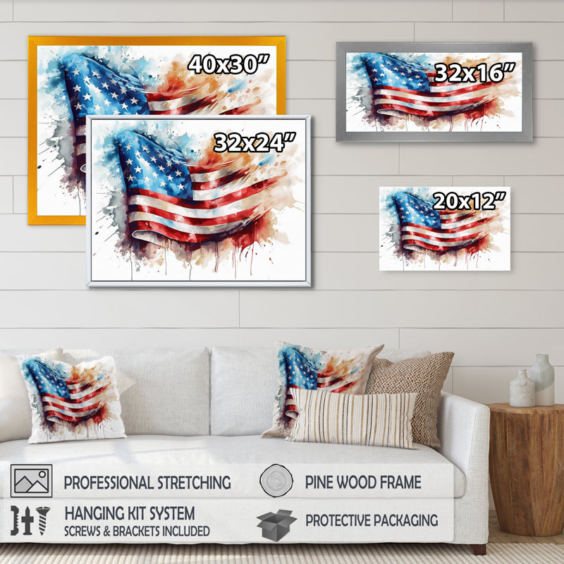 «Waving American Flag», reproduction sur toile, Cadre photo noir, H 12 po x l 20 po