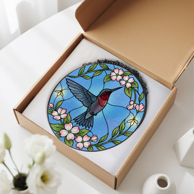 Hummingbird Flowers Stained Glass Window Panel，7.8H