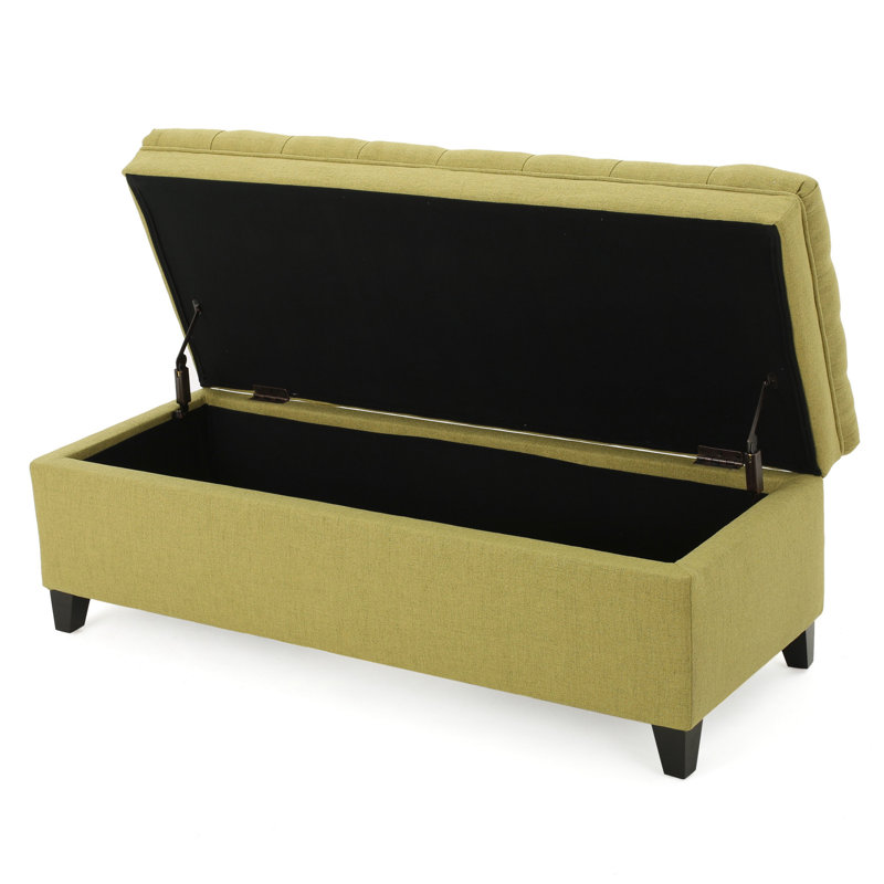 Banc de rangement avec repose-pieds Rhya, tissu vert doux, bois noir, 50 po, Vert