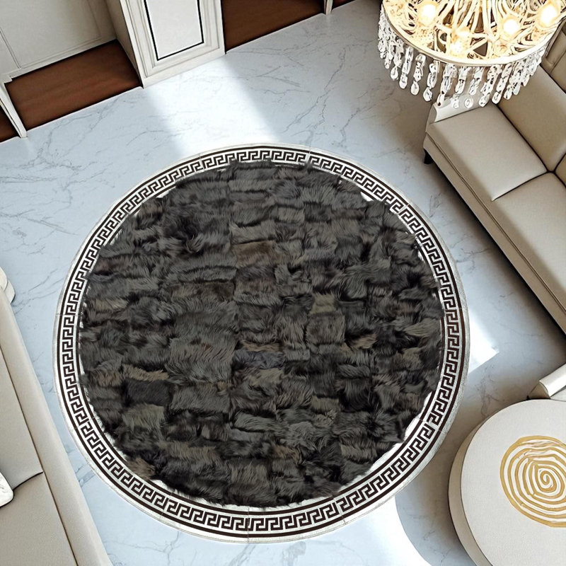 Tapis noir rond de style toscan noir fait à la main, Rond 4 pi