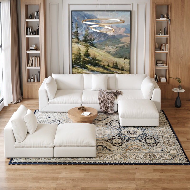 156.6'' Oversized U Shaped 6 Piece Modular Cloud Sectional Sofa with Two Ottoman, Off White Linen