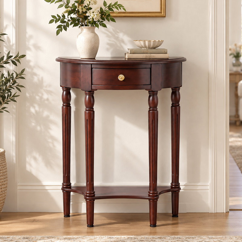 Console demi-cercle classique et traditionnelle peu encombrante avec tiroir et tablette ouverte pour l'entrée, le couloir ou le salon.
