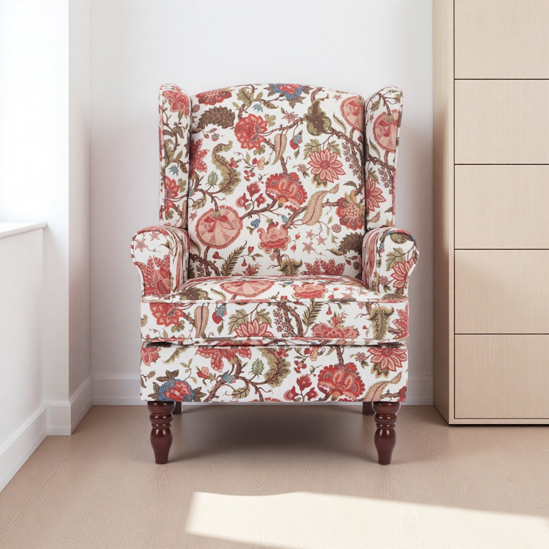 Modern Accent Chair With Retro Wood Legs, Comfy Upholstered Armchair, Floral Design Single Sofa Chair For Living Room Bedroom Office