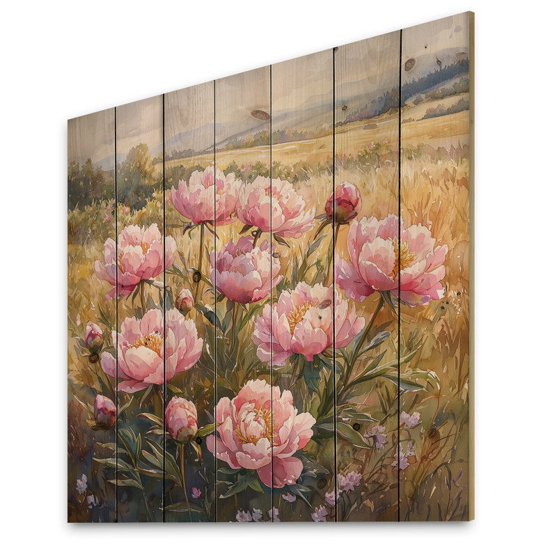 Pivoines dans le champ ensoleillé I - Art mural en bois de pivoines - sur bois de pin naturel, H 15 po x l 15 po x P 0,78 po