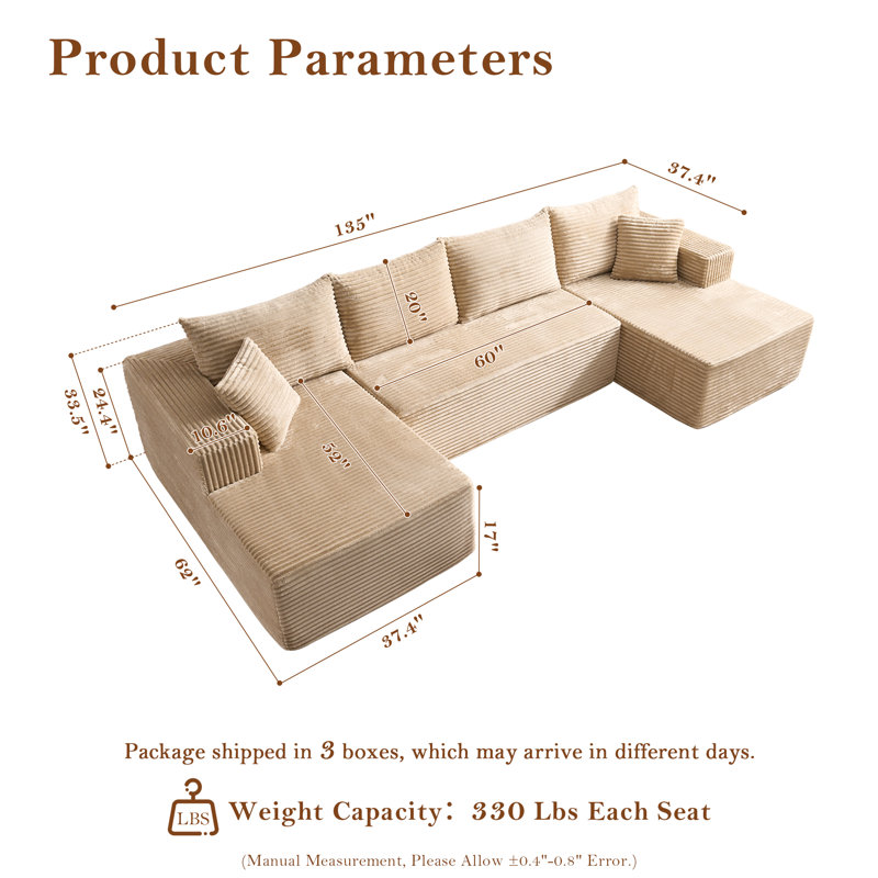 No Assembly Required Compression Packed 3-piece Cloud Modular Upholstered Sectional Sofa, Beige Polyester/Corduroy