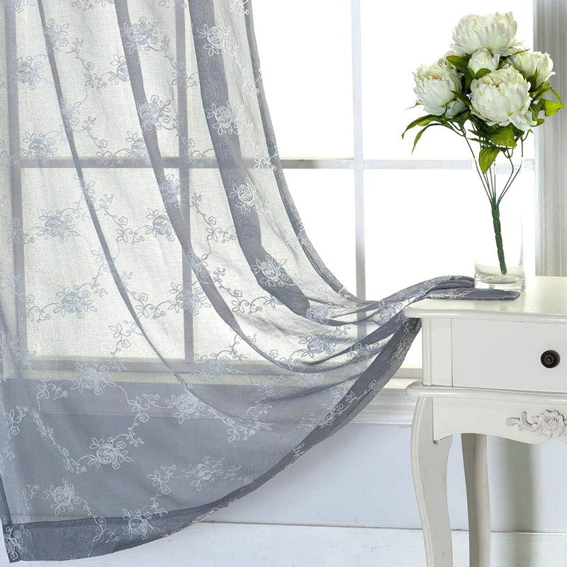 Claire Sheer Embroidered Rod Pocket Light Filtering Floral Curtains(Set of 2), 52"WX63"H (Set of 2), Grey