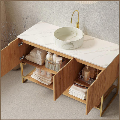 Tulio 48" Bathroom Vanity&Sink, Freestanding Storage Cabinet with 3 Doors&Open Shelf, White Round Ceramic Vessel Basin with Stone Pattern&Carrara White Sintered Stone Countertop