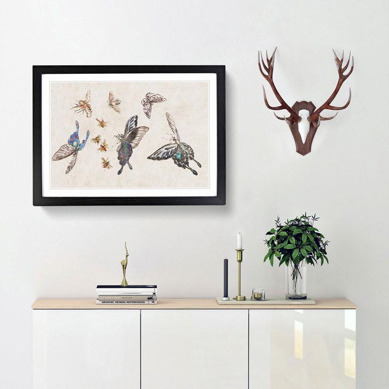 Butterflies & Insects by Fujishima Takeji - Picture Frame Painting Print, 48cm H x 65cm W x 2cm D, Black Framed