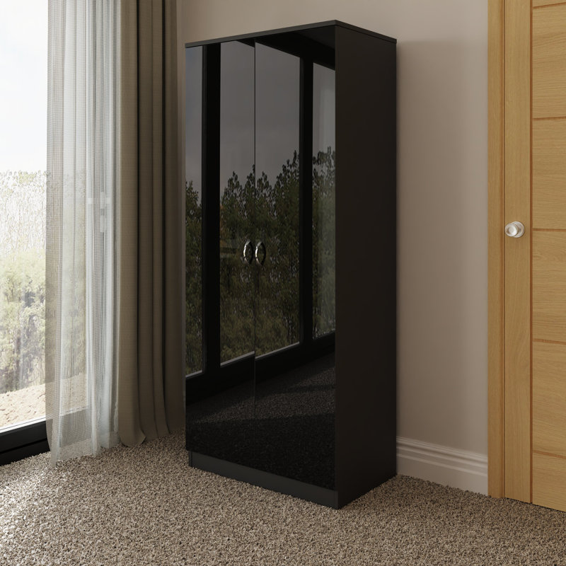 Brendle 2 Door Wardrobe - High Gloss Front, Soft Close Doors, Polished Metal Handles, Black