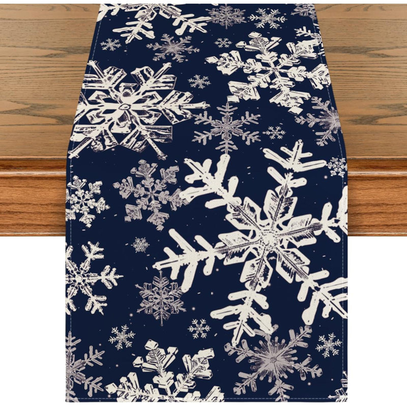 Snowflakes Christmas Table Runner, Seasonal Winter Holiday Kitchen Dining Table Decoration For Home Party Decor, Navy