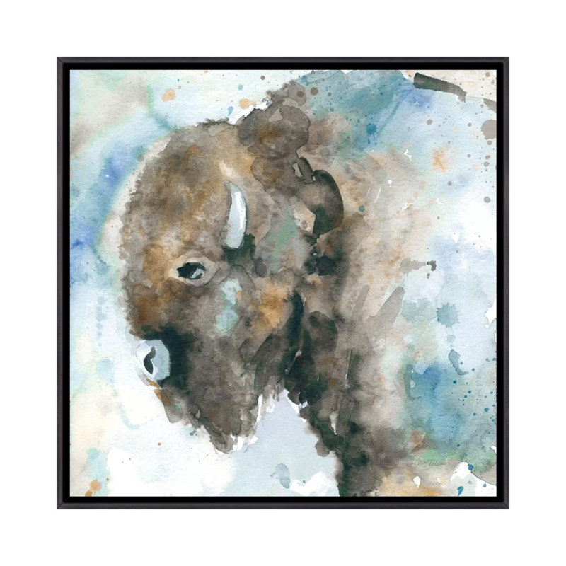 «Buffalo on Blue» par Carol Robinson - reproduction d'art, H 18 po x l 18 po x 1,5 po, Toile avec cadre noir patiné