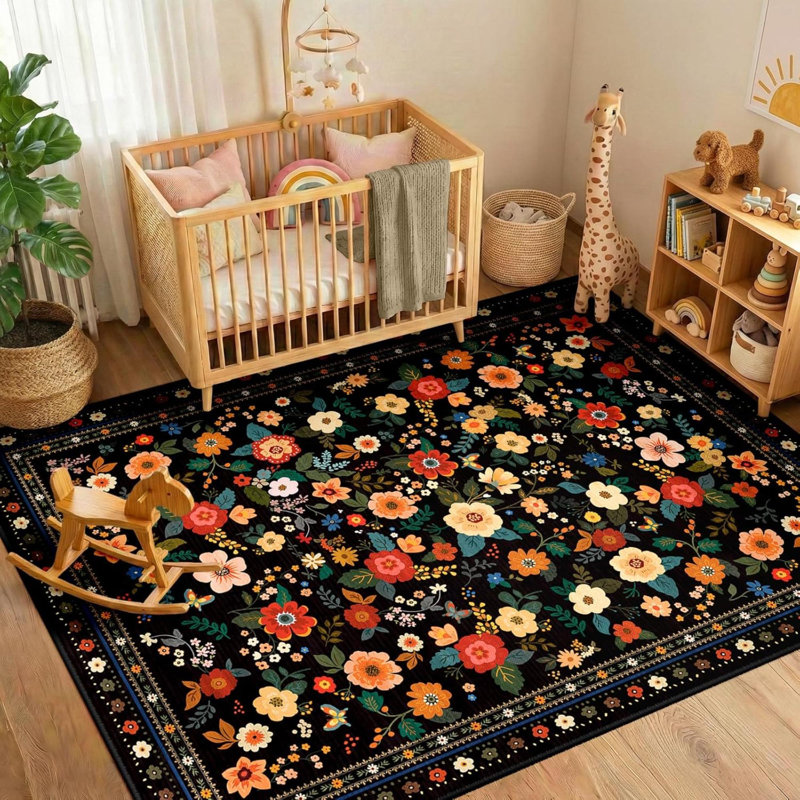 Machine Washable Rug Non-Slip Low Pile Floral Print Area Rug For Living Room Bedroom Dining Room Kids Room Bedside Kitchen Lounge