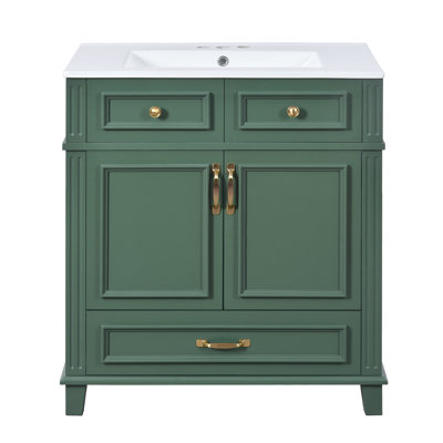 Meuble-lavabo de 30 po avec lavabo en céramique, armoire de rangement en bois massif avec portes à fermeture douce, style rétro, vert