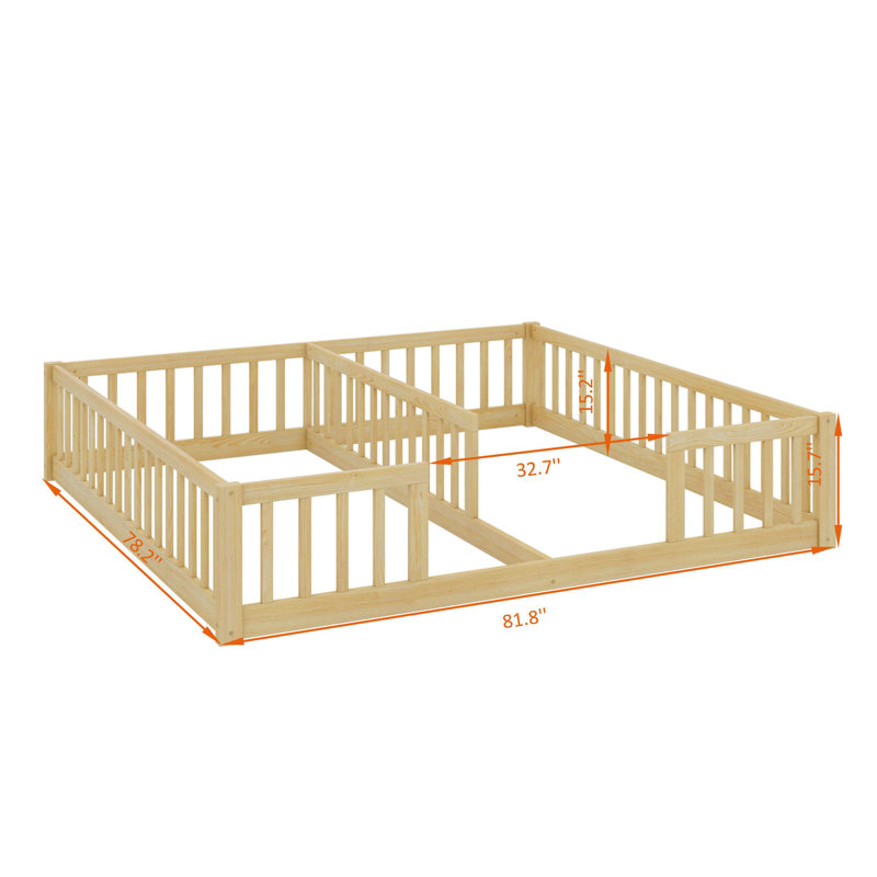 Double Twin Floor Bed With Fence And Guardrails, Natural