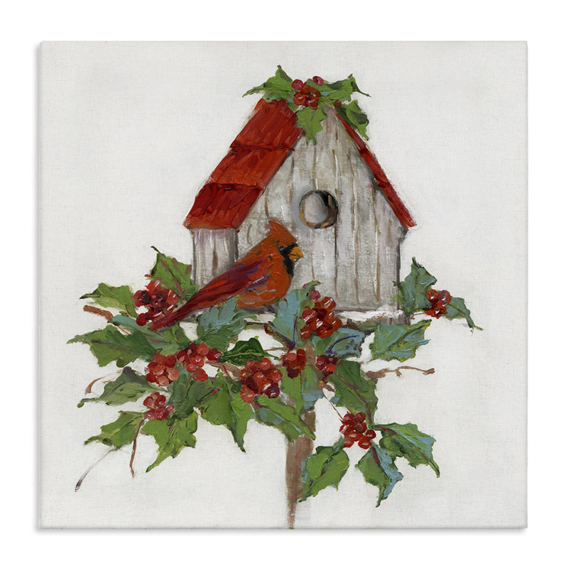 «Winter Plants & Birdhouse», art mural sur toile par Sally Swatland, H 17 po x l 17 po