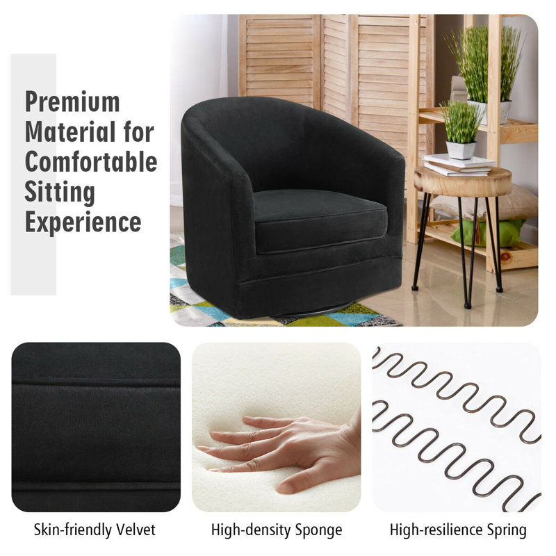 Black Velvet Swivel Barrel Accent Chair with Manufactured Wood Frame