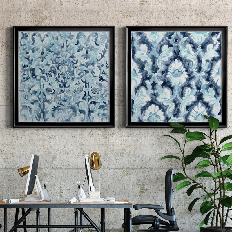 Carreau de mosaïque bleu azur III - Ensemble de cadres photo 2 pièces, H 30,5 po x l 61 po x P 1,5 po, Toile avec cadre noir