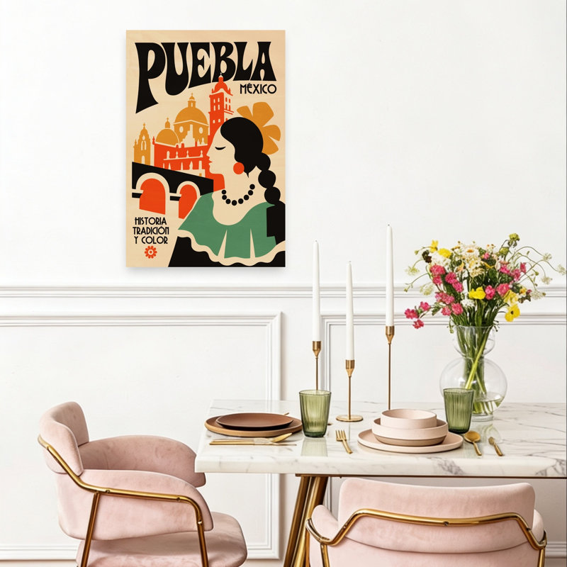 Retro Puebla Mexico Travel Colorful Retro Traditional Architecture City Wall Art Print 1 Piece Wrapped Canvas Wall Art