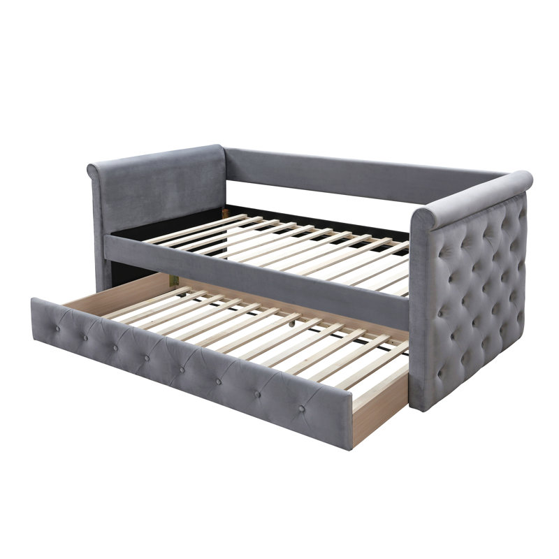 Contemporary 1Pc Day Bed W/ Slat Trundle Button Tufted Bedroom Furniture, Gray