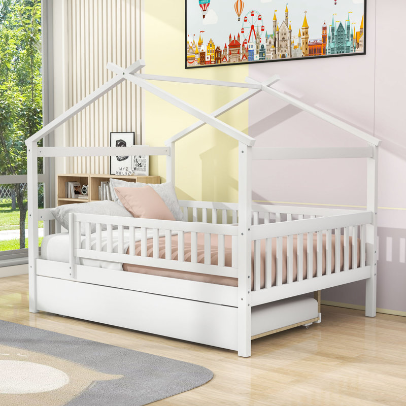 Full Wooden House Bed With Twin Trundle And Guardrails, White