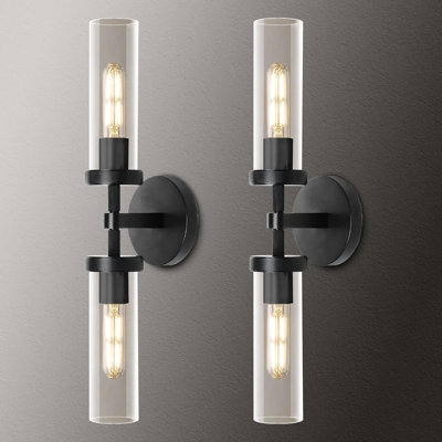 Appliques murales noires modernes à 2 lumières à intensité variable avec abat-jour cylindriques en verre
