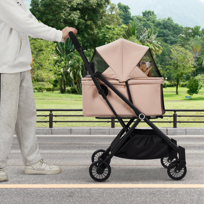 Foldable Pet Stroller for Medium Small Dogs Cats, 4-Wheel Lightweight Dog Stroller with 360° Swivel Wheels & Foot Brake, Breathable Mesh Weather-Resistant Luxury Cat Travel Carriage, 50 Lbs