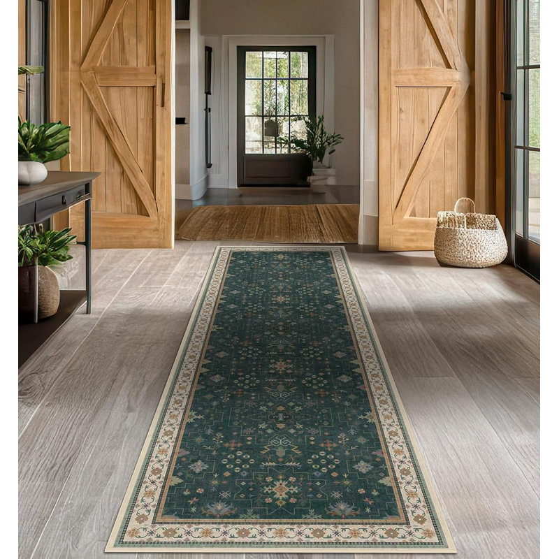 Tapis de couloir bohème vintage 76 cm x 244 cm, envers en caoutchouc antidérapant lavable, Vert foncé