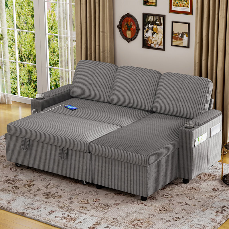 3 Seater Sofa & Chaise, Grey Corduroy--