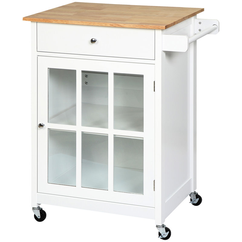 27" Kitchen Island Cart, White. Drawer & Glass Door Cabinet For Storage. Adjustable Shelf. Rubber Wood Workspace. Towel Rack 4 Wheels. 26.5" W X 19" D 34" H. 110 Lbs Capacity On Wheels - Drawer,