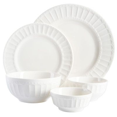 Zen Buffet Porcelain Ceramic Dinnerware Sets For 8, Plates And Bowls Set (40Pcs), White Embossed Dishes