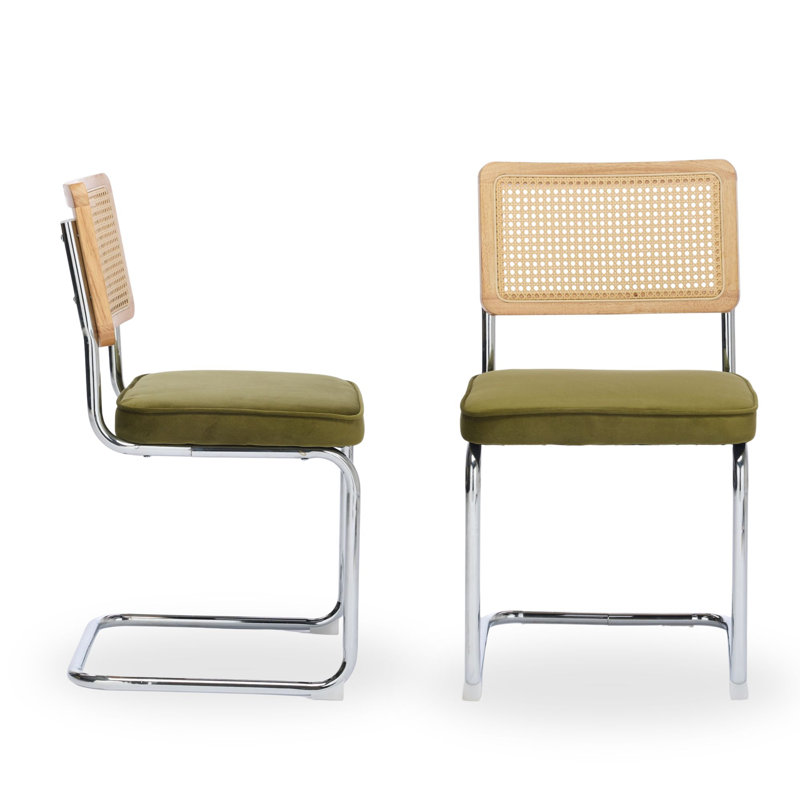 Chaise de coiffeuse rembourrée en rotin vert mousse avec dossier tissé et structure en métal