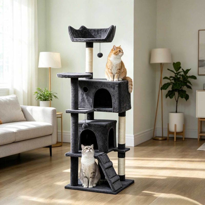 180?cm Large Multi-Level Cat Tree Tower with Sisal Scratching Posts, Condos, Plush Perches, Hammock & Ladder, Dark Grey