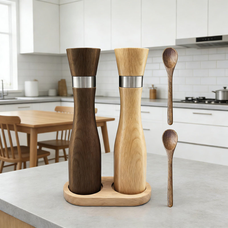 Ensemble de moulins à sel et à poivre en bois de hêtre massif avec plateau - moulins manuels de 9,25 pouces, noyau en céramique réglable, conception rechargeable pour la cuisine et la salle à manger