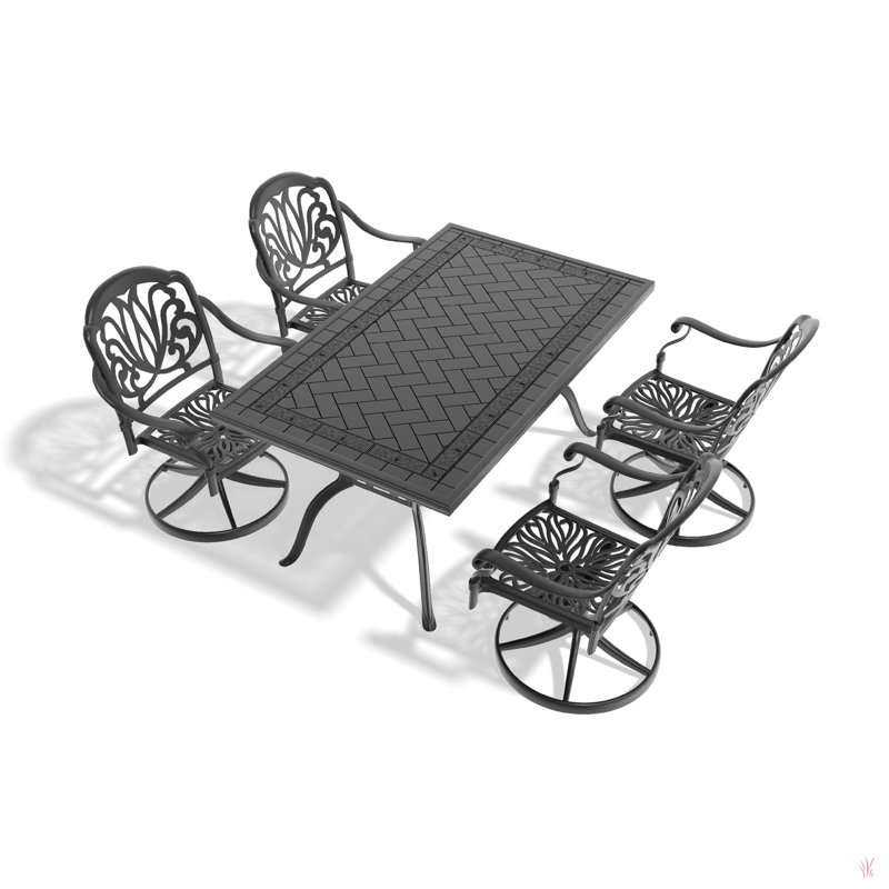 Cet ensemble de salle à manger en fonte d'aluminium toutes saisons comprend des chaises pivotantes et une table ronde avec cadre noir