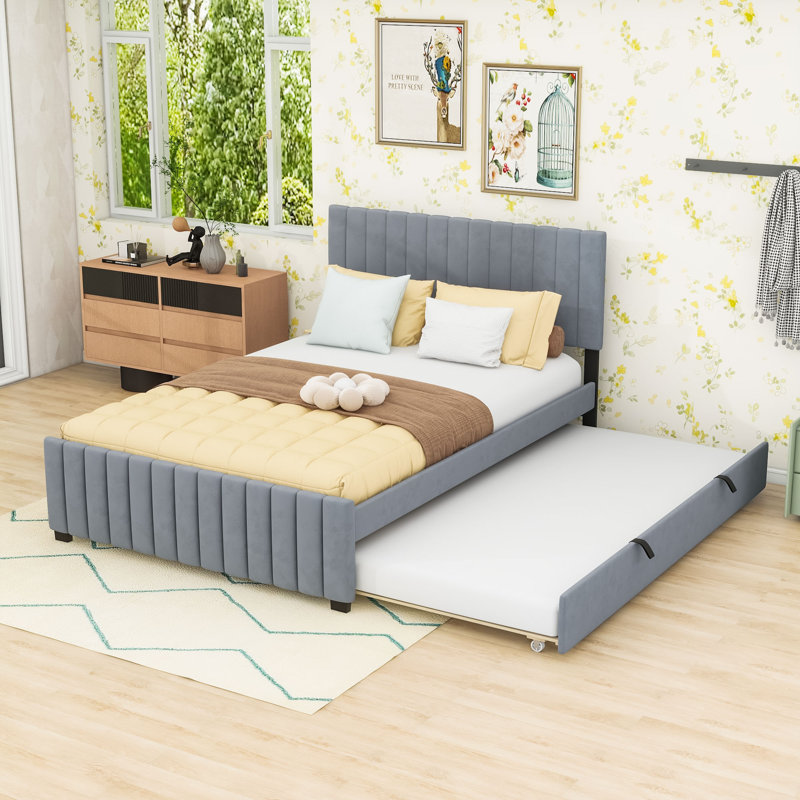Grand lit plateforme tapissier avec lit gigogne simple TG et tête de lit, Grey
