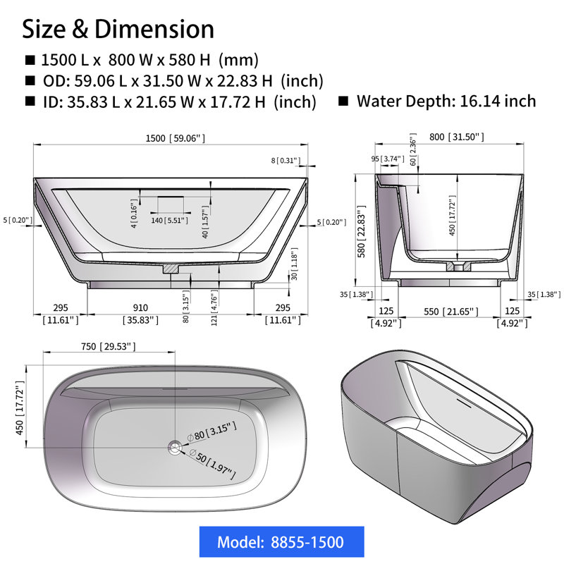 59'' Freestanding Soaking Acrylic Bathtub