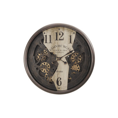 30-Inch Round Wall Clock with Moving Gear Mechanism and Brown Industrial Design