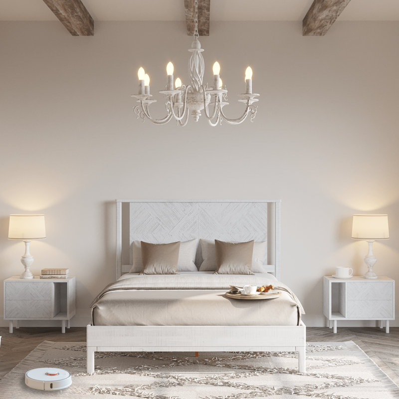 Ethan Solid Wood Platform Bed with Headboard, Rustic Bed Frame, Queen, Rustic White