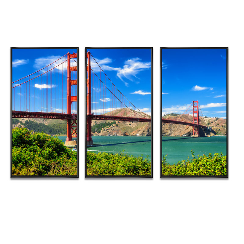 San Francisco Golden Gate - ensemble de 3 toiles encadrées, Noir, H 32 po x l 48 po