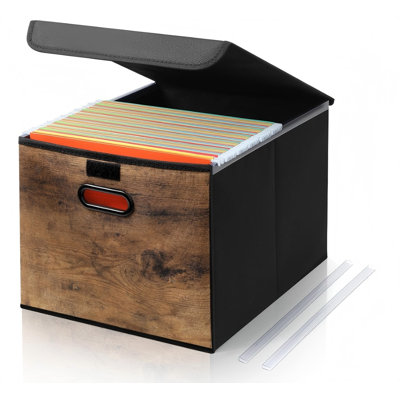 Decorative File Organizer Box With Wood Grain Pattern, Portable File Folder Box With Lid, Easy Slide, Durable Hanging, Collapsible, Polyester, For Letter Legal Storage, Office, Home, Wooden Decor