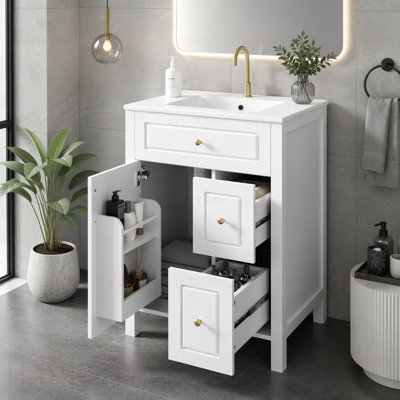 Meuble-lavabo de salle de bain avec lavabo en céramique, 1 porte à fermeture en douceur, 2 tiroirs à fermeture en douceur et 2 supports de rangement sur la porte