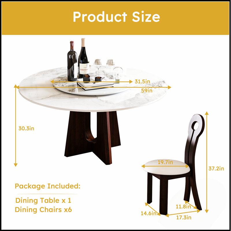 Table de salle à manger moderne en pierre frittée moderne avec base en noyer massif, robuste et élégante pour 6 à 8 personnes (comprend 6 chaises)