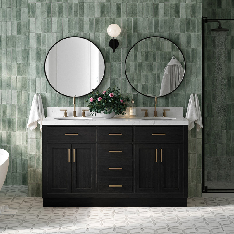 Thornaby  Solid Wood Double Bathroom Vanity with 1.5'' Carrara Quartz Top, Oval, Black Oak / Satin Brass