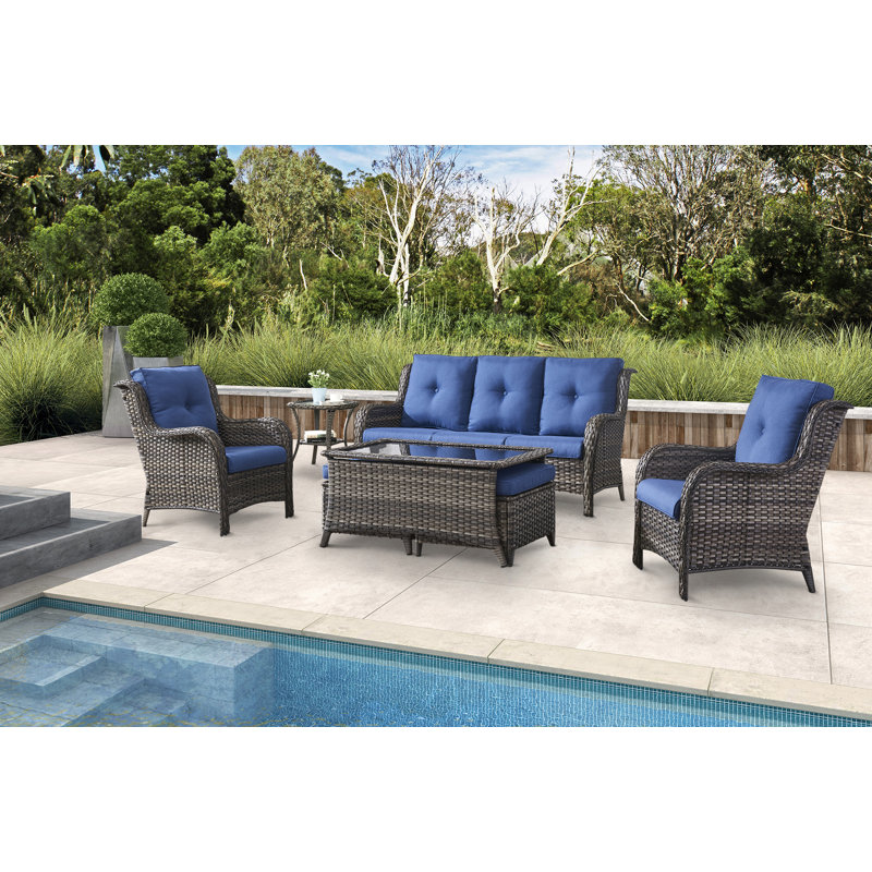 Schutt Wicker 5 - Person Patio Conversation Set with Cushions, Blue, Gray