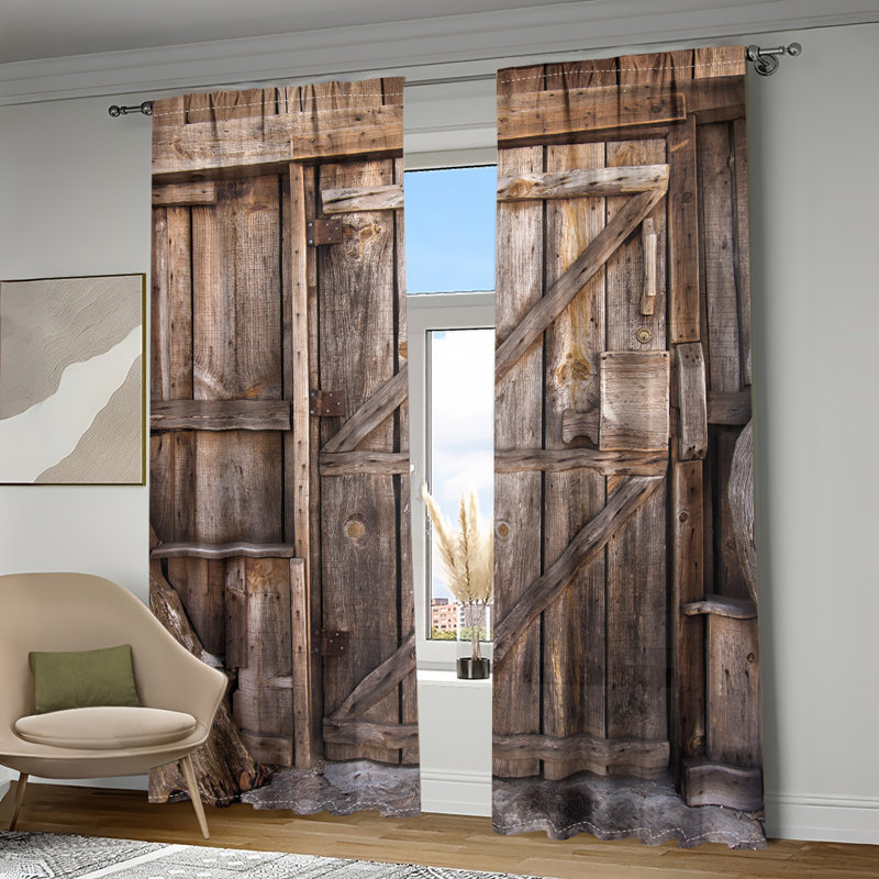 2Pcs Rustic Wooden Barn Door Print Curtains Country Farmhouse Style Window Drapes Rod Pocket Light Filtering Vintage Wood Texture Panels for Living Room Bedroom Kitchen Dining Home Decor
