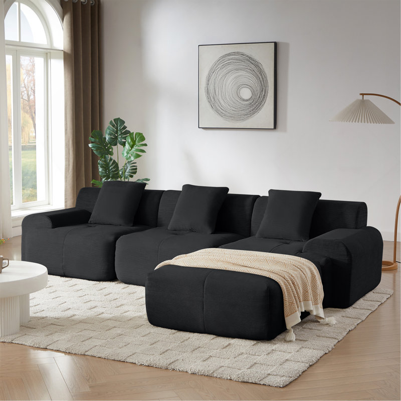 Canapé modulaire en L 113 po pour salon modulaire de 113 po, revêtement en velours côtelé noir, canapé surdimensionné à 3 places avec siège profond et repose-pieds mobile - sans assemblage