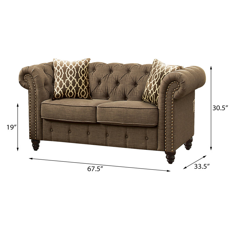 Carlson Chesterfield Loveseat with Accent Pillows, Brown Linen